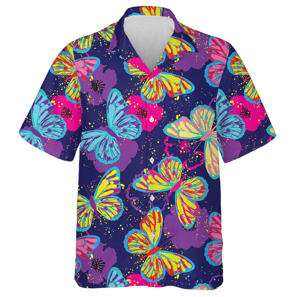 Hand Drawn Butterflies Paint On Dark Hawaiian Shirt, Hawaiian For Gift