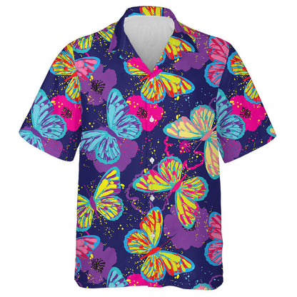 Hand Drawn Butterflies Paint On Dark Hawaiian Shirt, Hawaiian For Gift