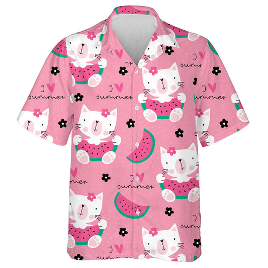 Cute Cat With Watermelon On Pink Hawaiian Shirt,Hawaiian Shirt Gift, Christmas Gift