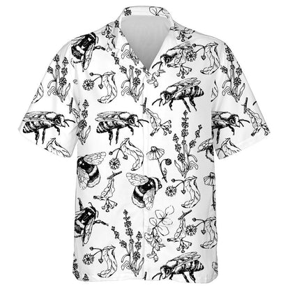 Black And White Bees And Honey Flowers Hawaiian Shirt, Hawaiian Shirt Gift, Christmas Gift
