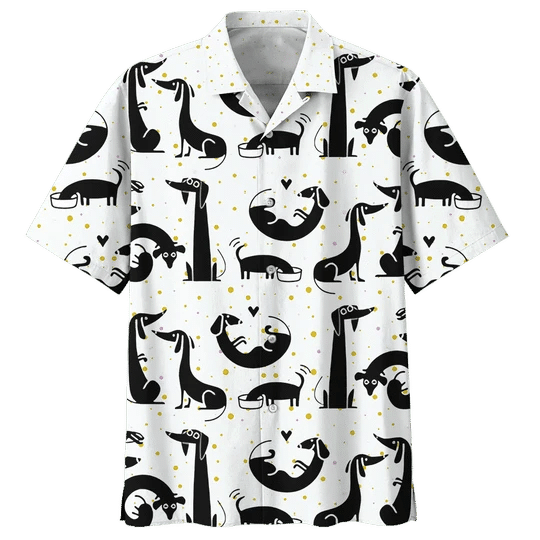 Black And White Dachshund Watercolor Design Hawaiian Shirt, Hawaiian For Gift