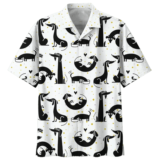 Black And White Dachshund Watercolor Design Hawaiian Shirt, Hawaiian For Gift