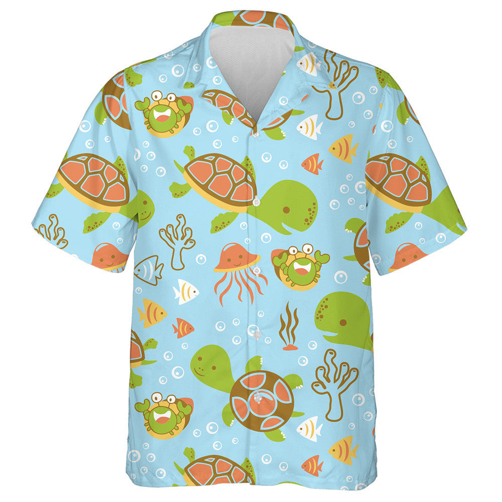 Sea Turtles And Marine Life Cartoon Hawaiian Shirt,Hawaiian Shirt Gift, Christmas Gift