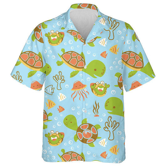Sea Turtles And Marine Life Cartoon Hawaiian Shirt,Hawaiian Shirt Gift, Christmas Gift