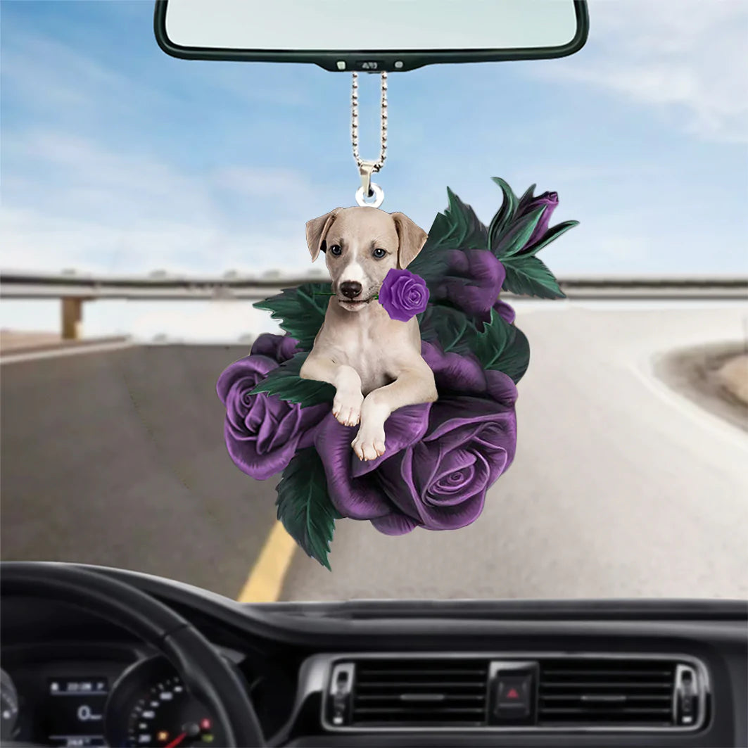 Greyhound In Purple Rose Car Hanging Ornament, Christmas Decoration