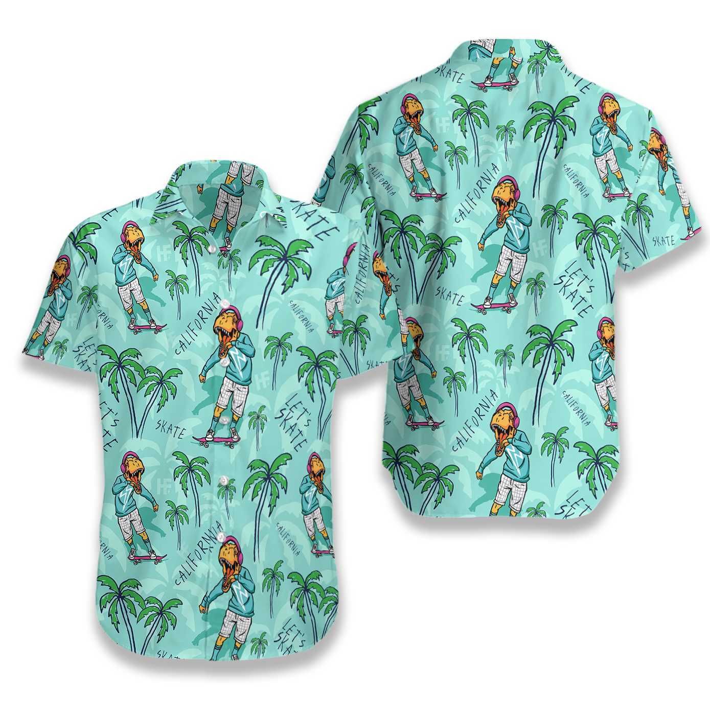 California Skate T Rex Dinosaur Hawaiian Aloha Shirt Hawaiian Shorts Beach Short Sleeve_ Hawaiian Shirts -Hawaiian Shirt Gift, Christmas Gift