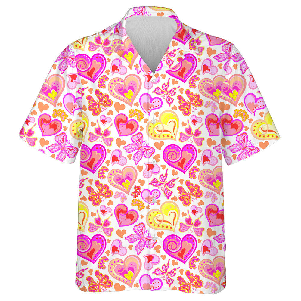 Hand Drawn Neon Pink Butterflies And Hearts Hawaiian Shirt, Hawaiian Shirt Gift, Christmas Gift