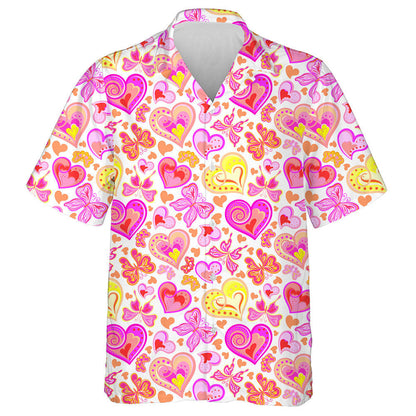 Hand Drawn Neon Pink Butterflies And Hearts Hawaiian Shirt, Hawaiian Shirt Gift, Christmas Gift