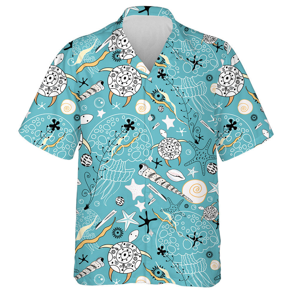 Sea Turtles And Jellyfish Tribal Background Hawaiian Shirt,Hawaiian Shirt Gift, Christmas Gift