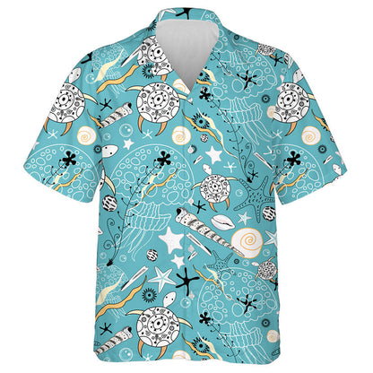 Sea Turtles And Jellyfish Tribal Background Hawaiian Shirt,Hawaiian Shirt Gift, Christmas Gift