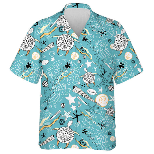 Sea Turtles And Jellyfish Tribal Background Hawaiian Shirt,Hawaiian Shirt Gift, Christmas Gift