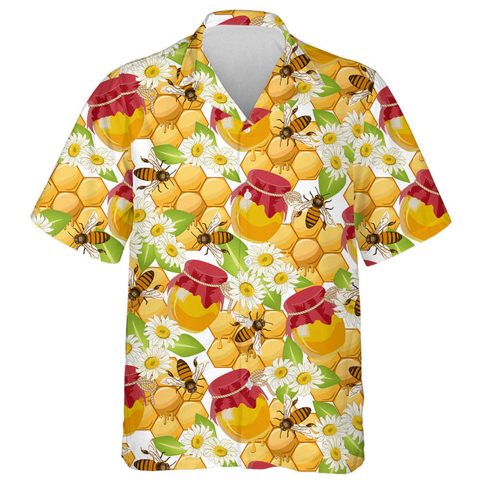 Jars Of Honey Bee And Flowers On A White Background Hawaiian Shirt, Hawaiian Shirt Gift, Christmas Gift