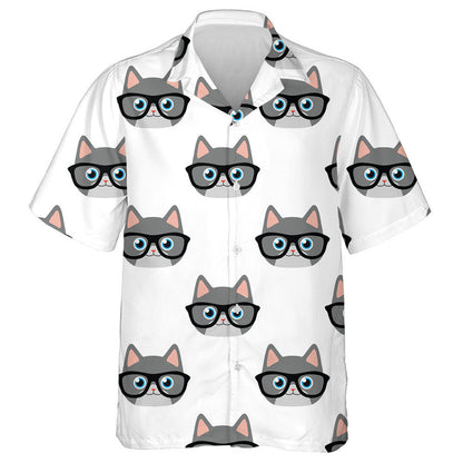 Grey Cat Face In Glasses On White Hawaiian Shirt, Hawaiian Shirt Gift, Christmas Gift