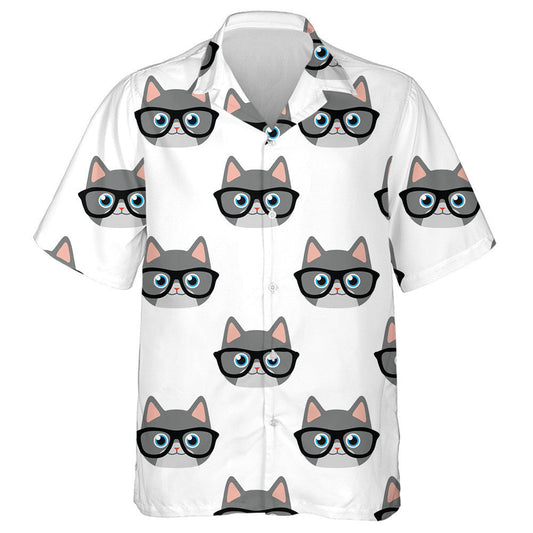 Grey Cat Face In Glasses On White Hawaiian Shirt, Hawaiian Shirt Gift, Christmas Gift