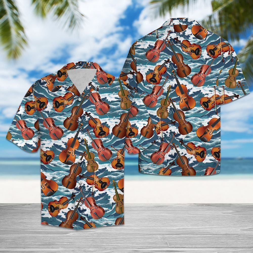 Violin Blue Ocean Waves Design Hawaiian Shirt, Hwaiian For Gift