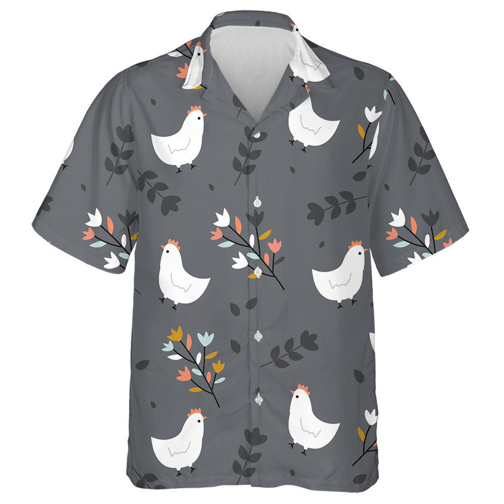 Cute Cartoon White Chicken With Leaf Branches Hawaiian Shirt, Hawaiian Shirt Gift, Christmas Gift