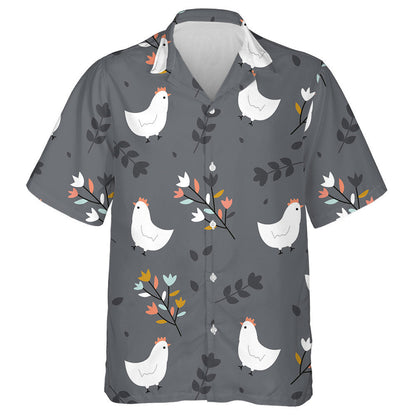 Cute Cartoon White Chicken With Leaf Branches Hawaiian Shirt, Hawaiian Shirt Gift, Christmas Gift