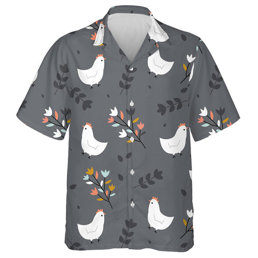 Cute Cartoon White Chicken With Leaf Branches Hawaiian Shirt, Hawaiian Shirt Gift, Christmas Gift