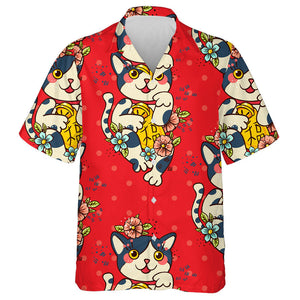 Happy Japanese Cat Maneki Neko Blooms Tattoo Style Hawaiian Shirt, Hawaiian Shirt Gift, Christmas Gift