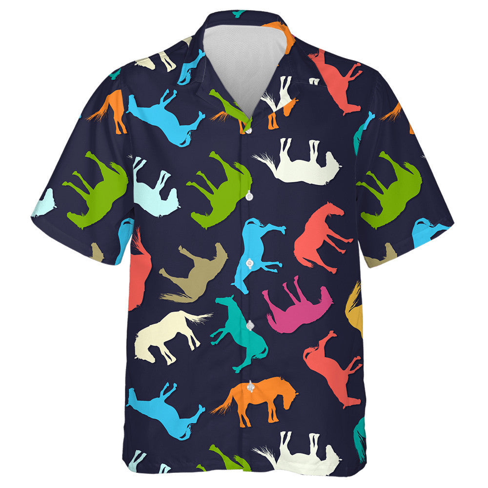 Horse Silhouettes In Colors On Dark Hawaiian Shirt, Hawaiian For Gift