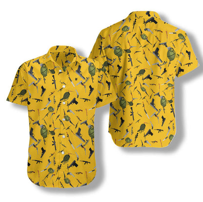 Gold Background Gun Military Gear Hawaiian Shirt,Hawaiian Shirt Gift, Christmas Gift