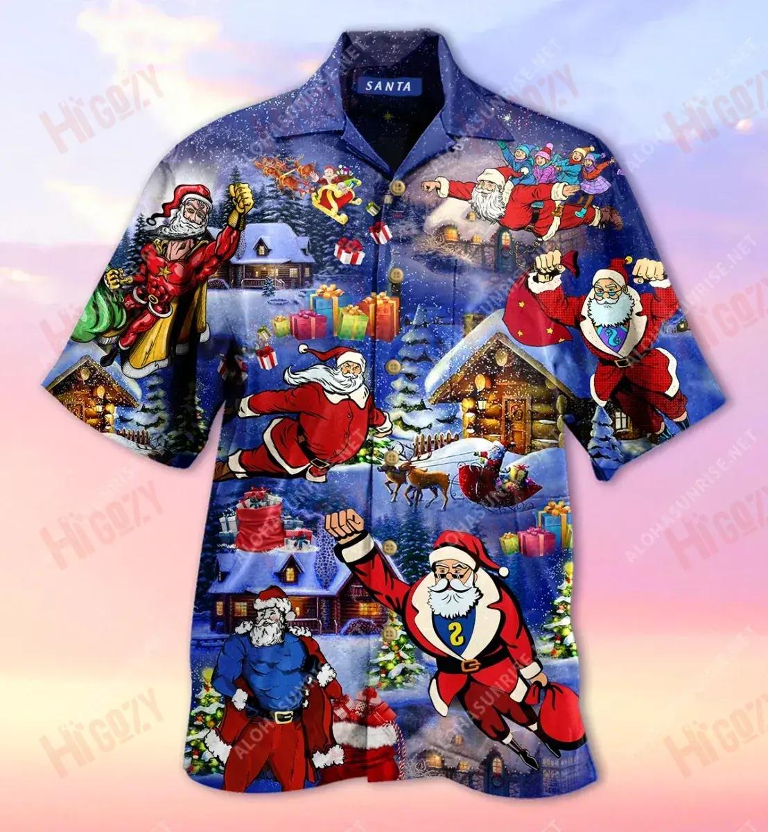 Flying Super Santa Unisex Short Short Sleeve Shirt Hobbies Hawaiian T Shirts Vintage Hawaiian Shirts Hawaiian Shirt Pattern, Hawaiian Shirt Gift, Christmas Gift