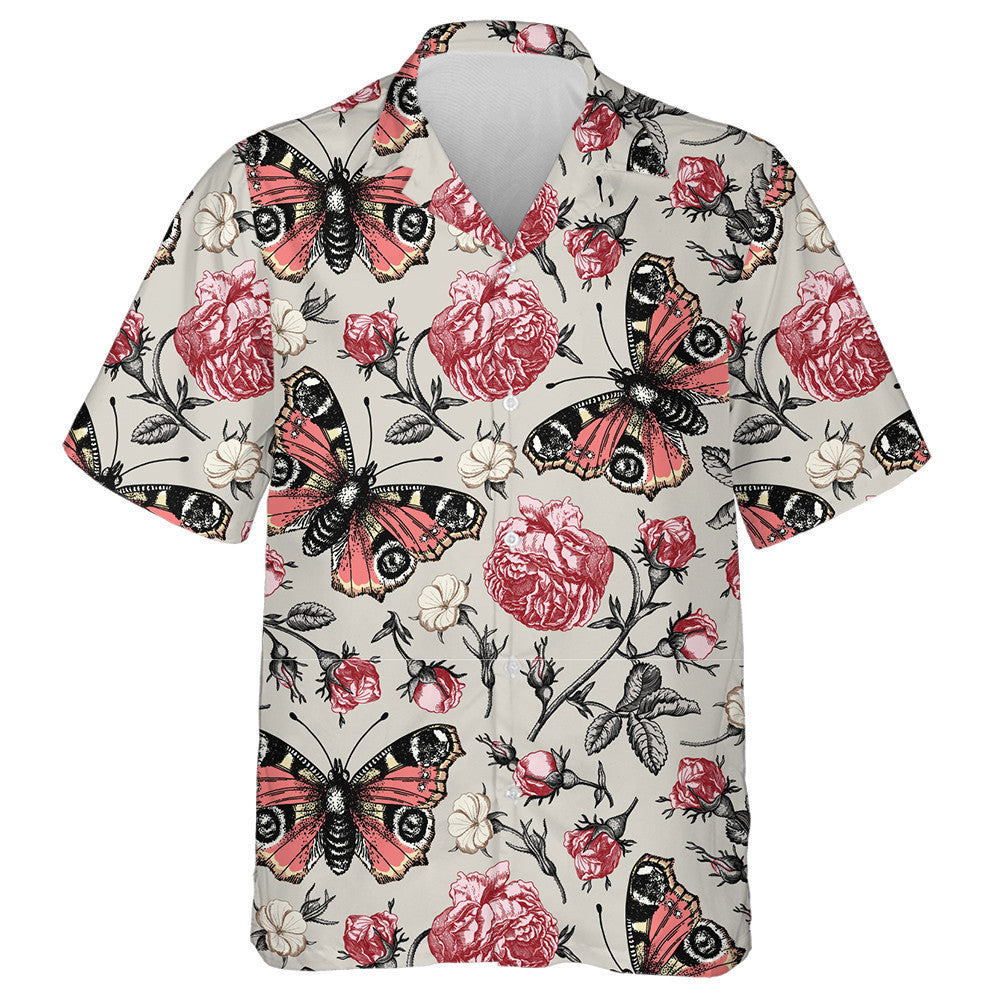 Spring Theme Blooming Roses Realistic And Butterfly Hawaiian Shirt, Hawaiian Shirt Gift, Christmas Gift