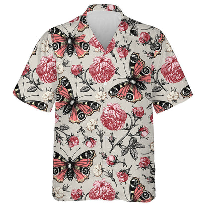 Spring Theme Blooming Roses Realistic And Butterfly Hawaiian Shirt, Hawaiian Shirt Gift, Christmas Gift