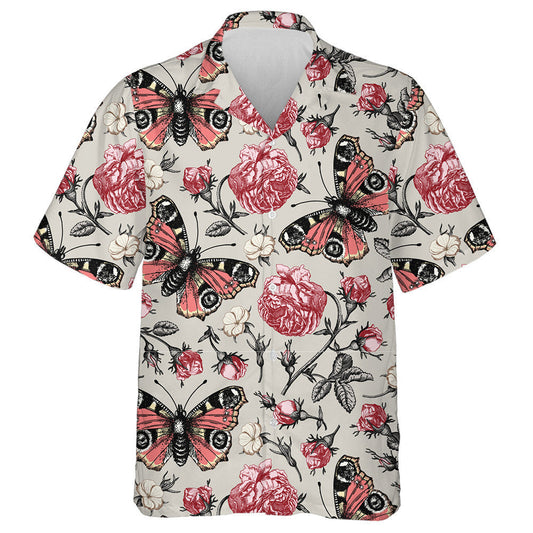 Spring Theme Blooming Roses Realistic And Butterfly Hawaiian Shirt, Hawaiian Shirt Gift, Christmas Gift