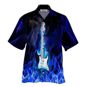 Guitar On Blue Fire Ornamental Hawaiian Shirt,Hawaiian Shirt Gift, Christmas Gift