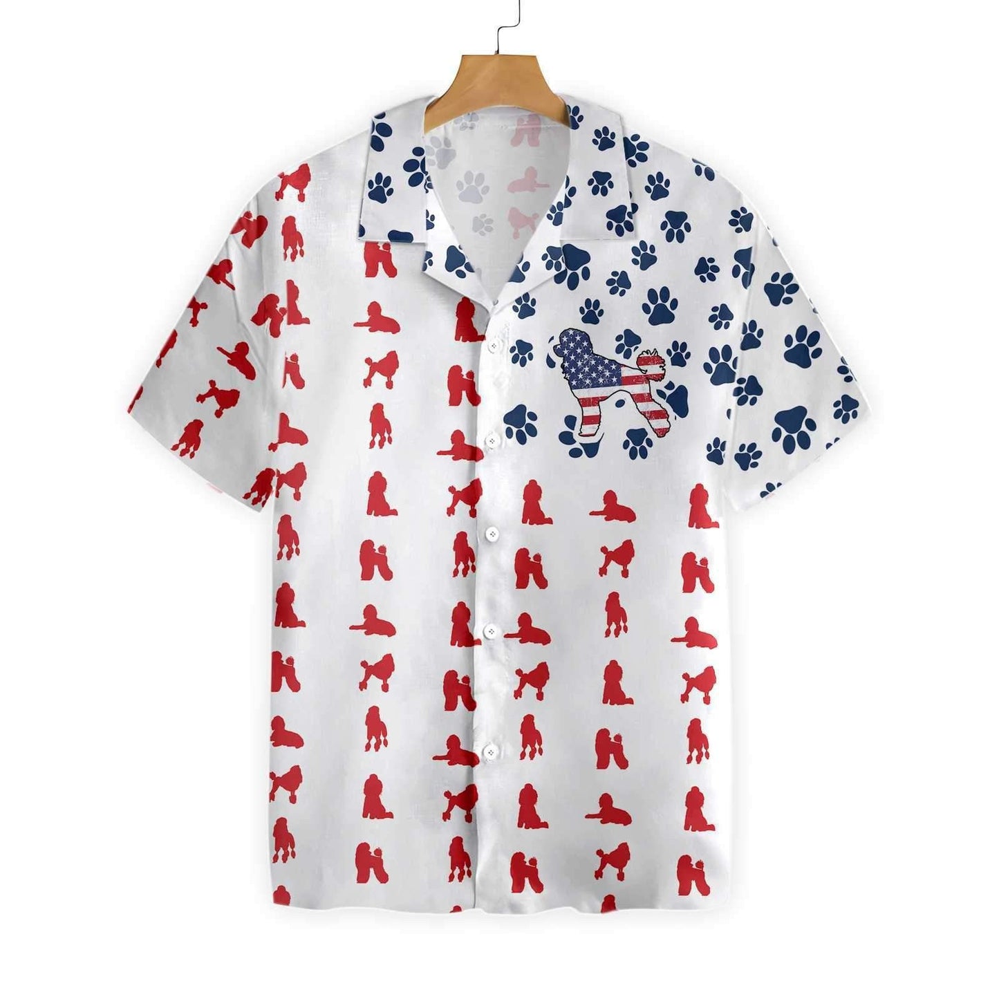 White Background Poodles American Flag Hawaiian Shirt, Hwaiian For Gift