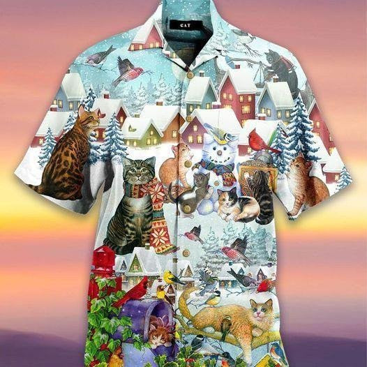 Design Hawaiian Shirt Cat And Bird Merry Christmas, Hawaiian Shirt Gift, Christmas Gift