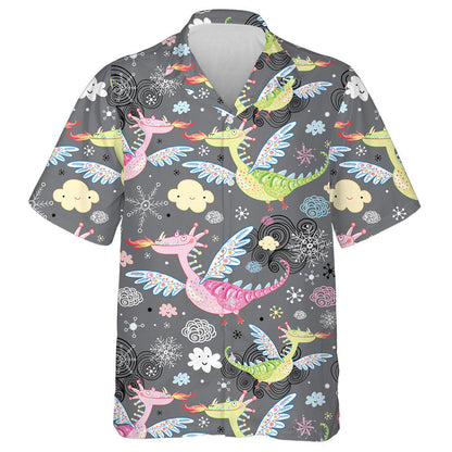 Beautiful Colorful Dragon With Cloud On Grey Hawaiian Shirt, Hawaiian Shirt Gift, Christmas Gift
