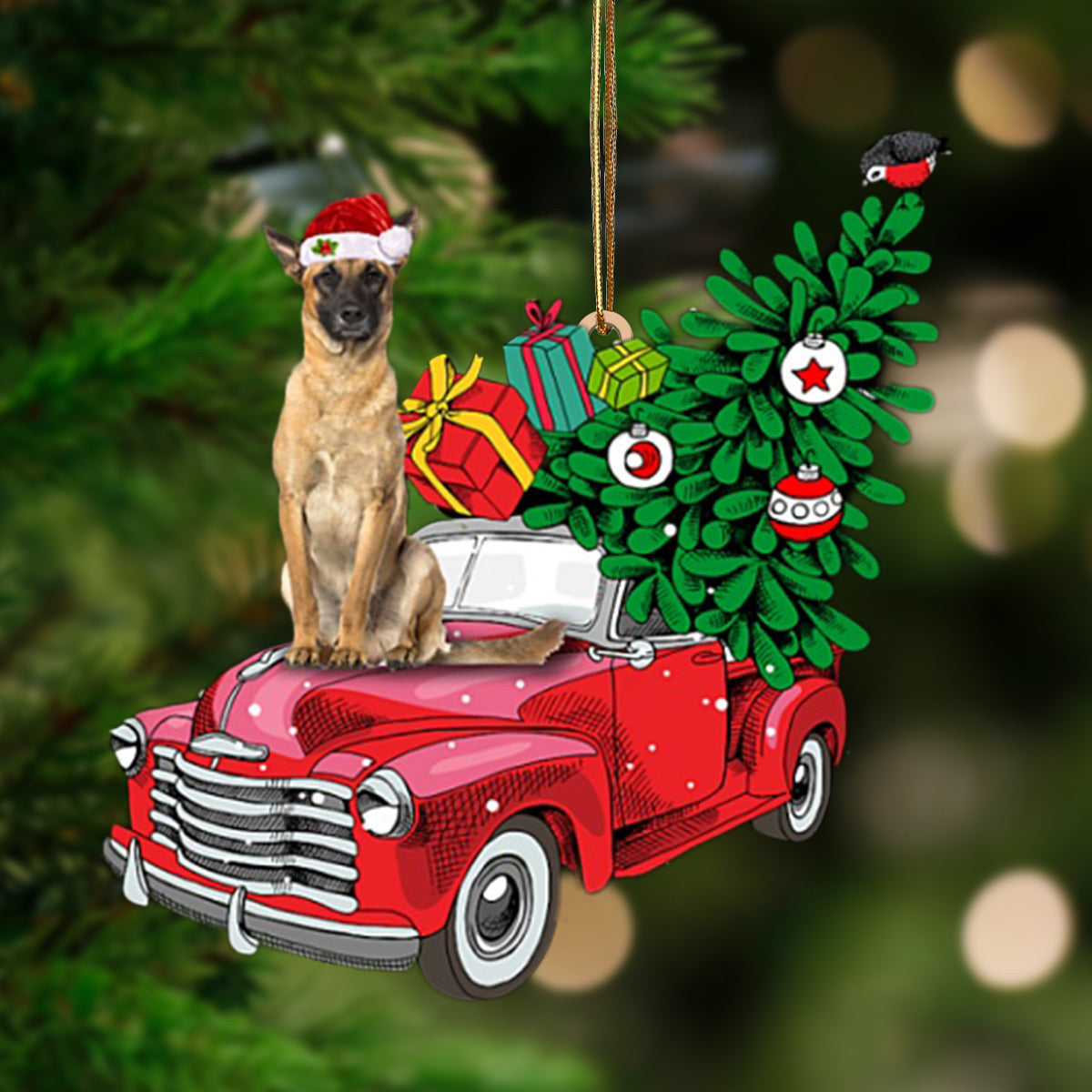 Belgian Malinois-Pine Truck Hanging Christmas Plastic Hanging Ornament, Christmas Ornament Gift, Christmas Gift, Christmas Decoration