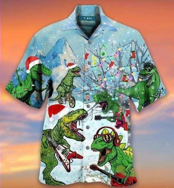 Design Hawaiian Shirt Dinosaurs Play Guitar On Christmas,Hawaiian Shirt Gift, Christmas Gift