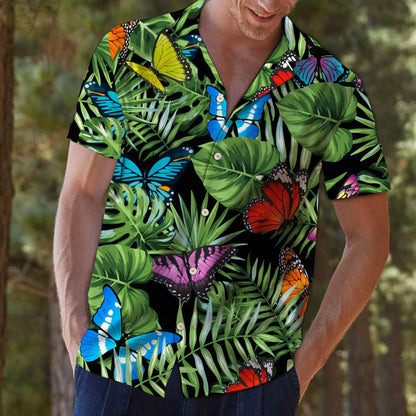 Butterfly And Green Tropical Leaves Design Hawaiian Shirt, Hawaiian For Gift