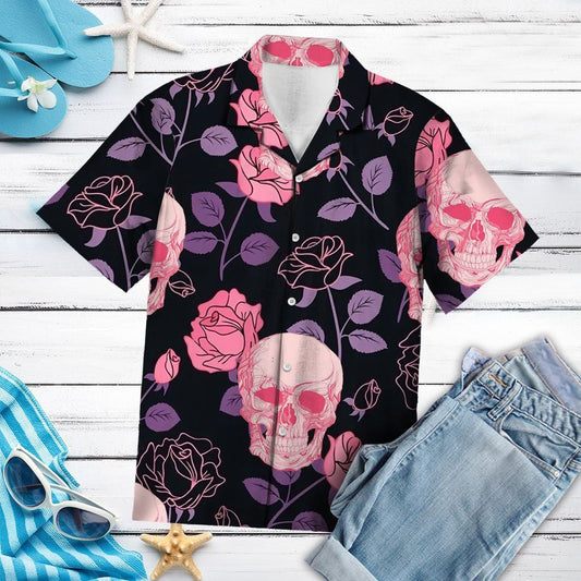 Pinky Skull And Roses In Black Hawaiian Shirt,Hawaiian Shirt Gift, Christmas Gift