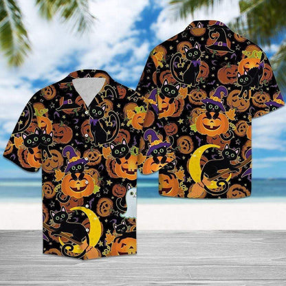 Illustration Hawaiian Shirt Halloween Black Cat Carved Pumpkin,Hawaiian Shirt Gift, Christmas Gift