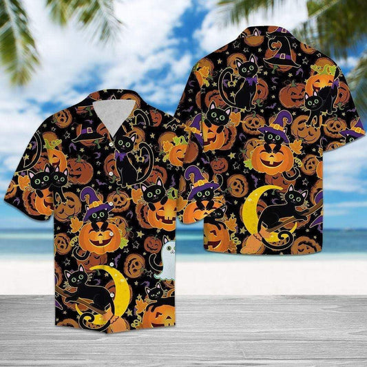 Illustration Hawaiian Shirt Halloween Black Cat Carved Pumpkin,Hawaiian Shirt Gift, Christmas Gift
