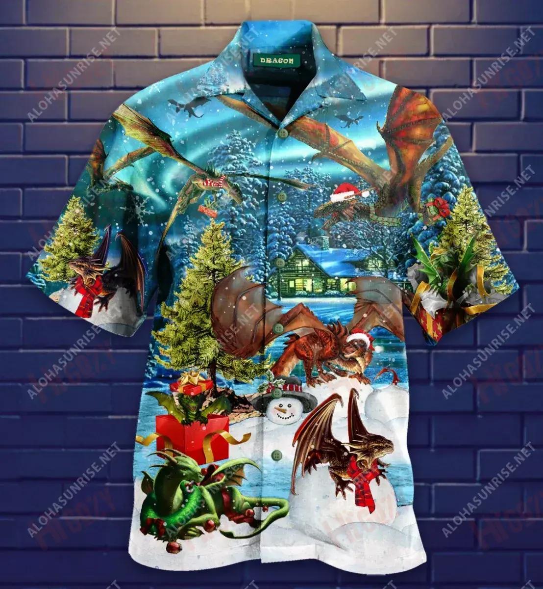 Dragon Merry Christmas Unisex Short Hawaiian Shirt Vacation Short Sleeve Custom Hawaiian Shirts Crazy Shirts Hawaii_Hawaiian Shirt Gift, Christmas Gift