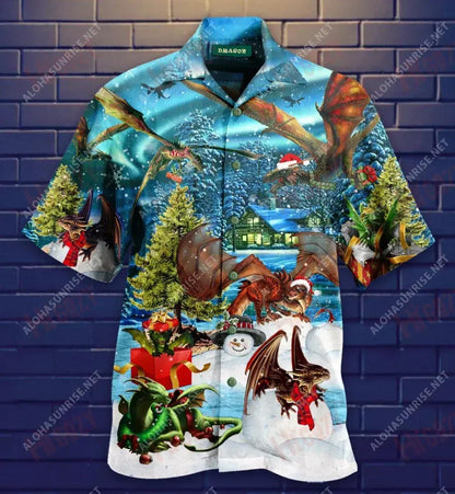 Dragon Merry Christmas Unisex Short Hawaiian Shirt Vacation Short Sleeve Custom Hawaiian Shirts Crazy Shirts Hawaii_Hawaiian Shirt Gift, Christmas Gift