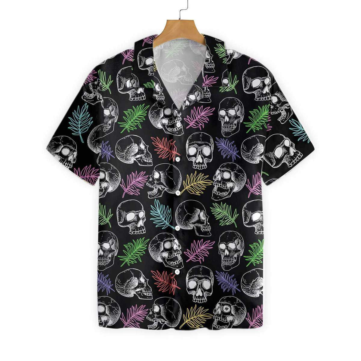 Skulls And Colorful Palm Leaves Pattern Hawaiian Shirt,Hawaiian Shirt Gift, Christmas Gift