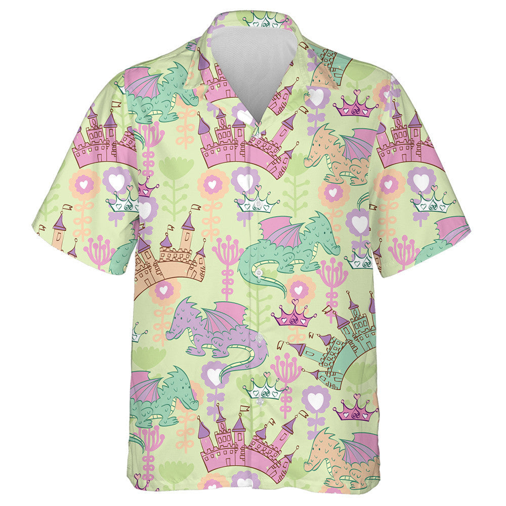 Castle And Cartoon Dragons Pink And Green Hawaiian Shirt, Hawaiian Shirt Gift, Christmas Gift