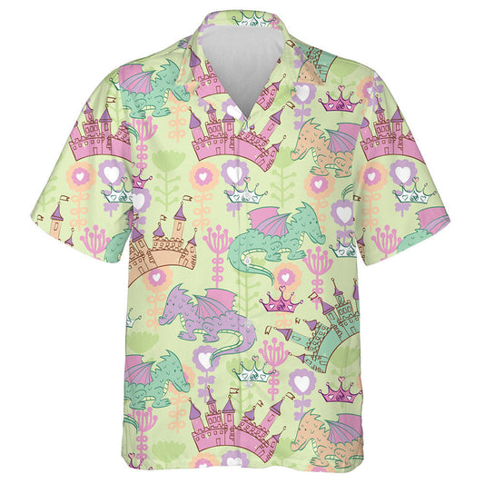 Castle And Cartoon Dragons Pink And Green Hawaiian Shirt, Hawaiian Shirt Gift, Christmas Gift