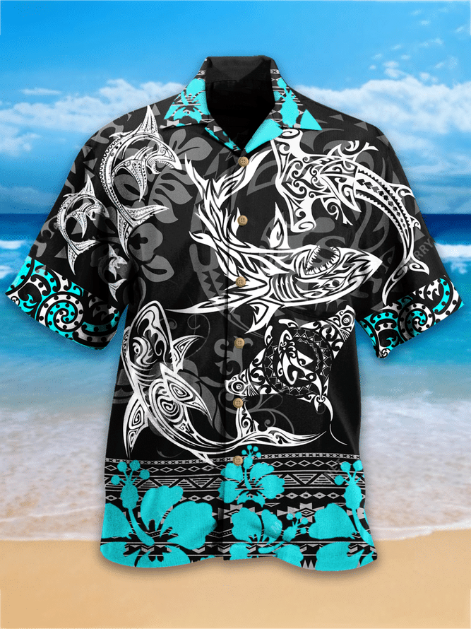 Beautiful Polynesian White Shark Pattern Hawaiian Shirt, Hawaiian For Gift