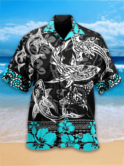 Beautiful Polynesian White Shark Pattern Hawaiian Shirt, Hawaiian For Gift