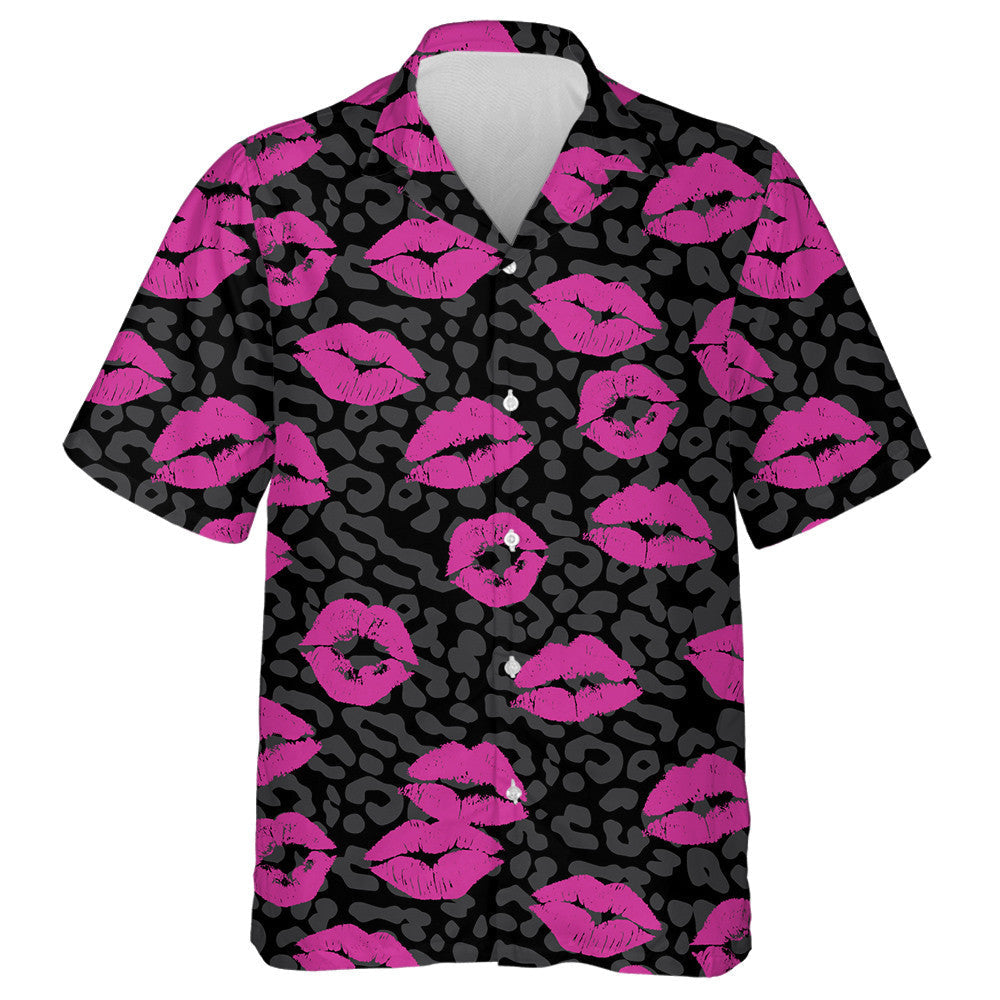 Pink Lipstick Kiss And Black Leopard Hawaiian Shirt,Hawaiian Shirt Gift, Christmas Gift