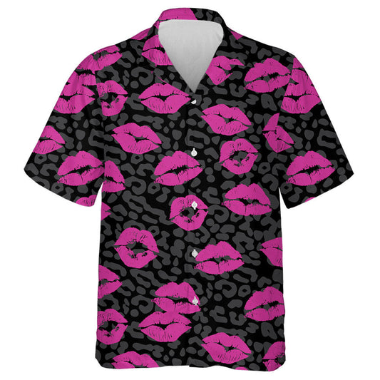 Pink Lipstick Kiss And Black Leopard Hawaiian Shirt,Hawaiian Shirt Gift, Christmas Gift