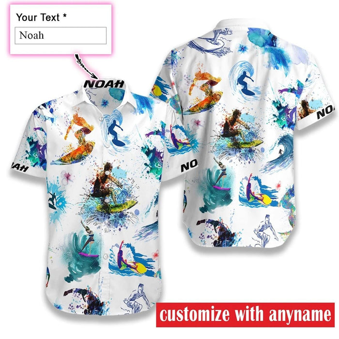 Watercolor Surfing On Ocean Custom Name Hawaiian Shirt, Hwaiian For Gift