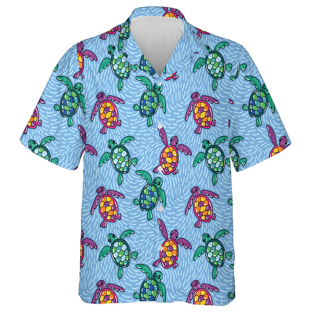 Ocean Turtles Blue Ethnic Hand Drawn Hawaiian Shirt,Hawaiian Shirt Gift, Christmas Gift